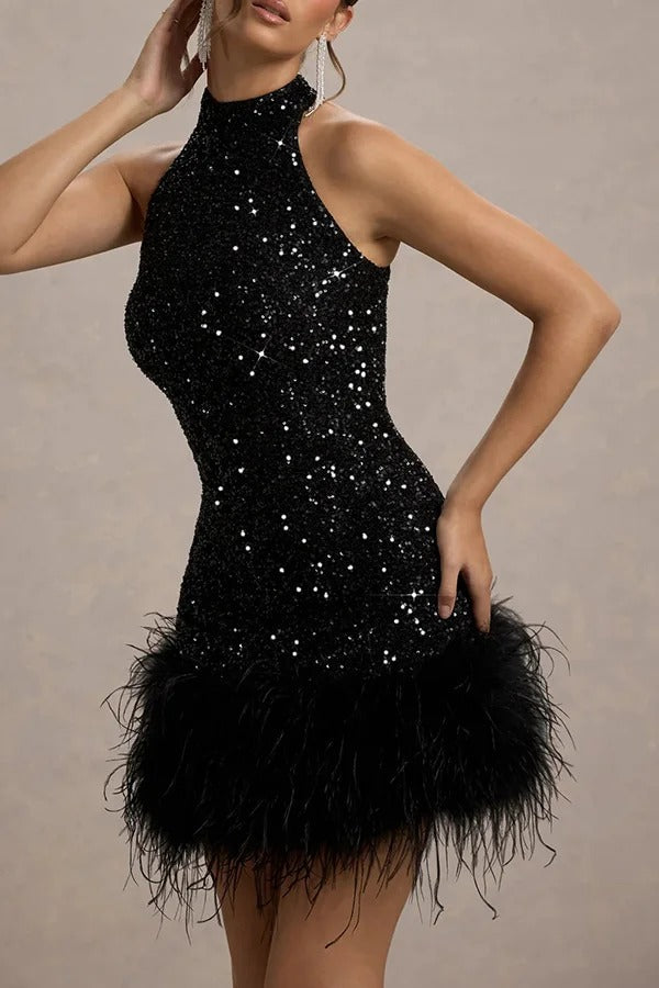 Kleid Damen ärmellos mit Nackenbindung kurzer Länge mit Pailletten