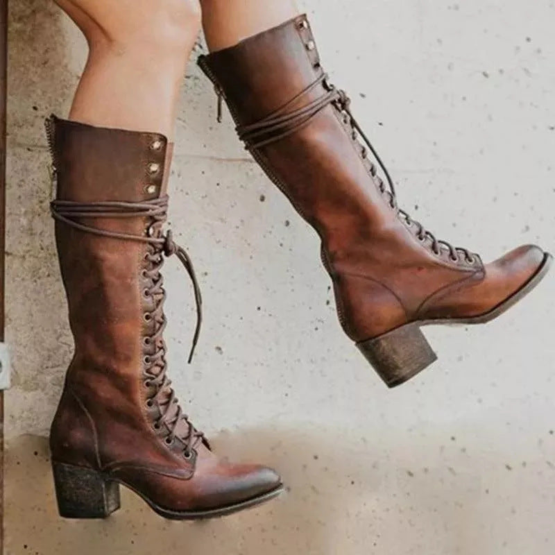 Kniehohe Stiefel Damen mit Schnürverschluss und fester Form