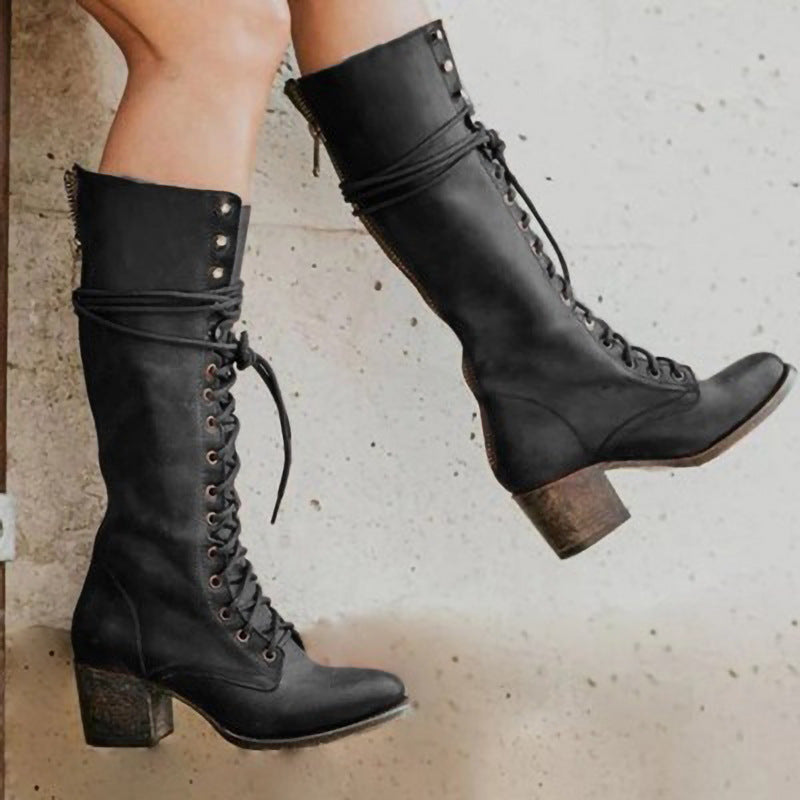 Kniehohe Stiefel Damen mit Schnürverschluss und fester Form