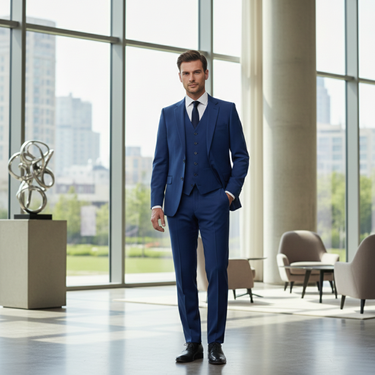 Anzug Herren Dreiteilig Schmale Passform Jacke Weste Hose
