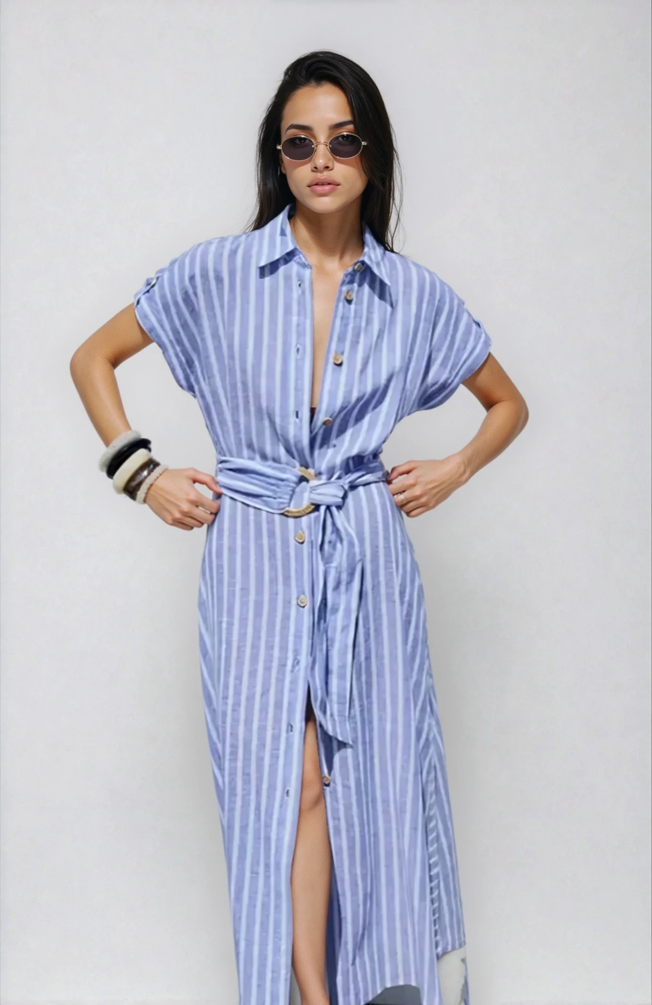 Damen Maxikleid Streifenmuster Kurzarm Knopfverschluss Bindeband
