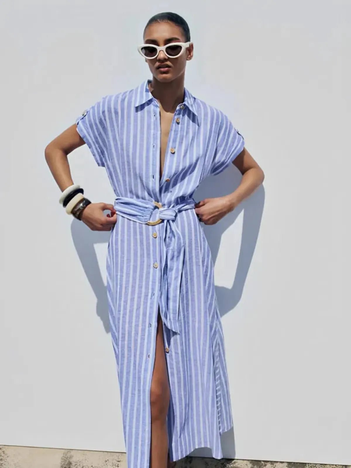 Damen Maxikleid Streifenmuster Kurzarm Knopfverschluss Bindeband