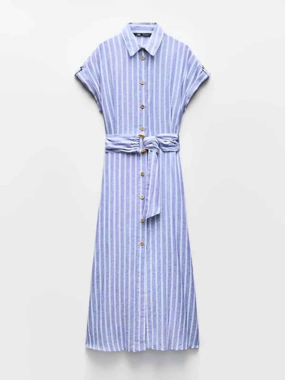 Damen Maxikleid Streifenmuster Kurzarm Knopfverschluss Bindeband