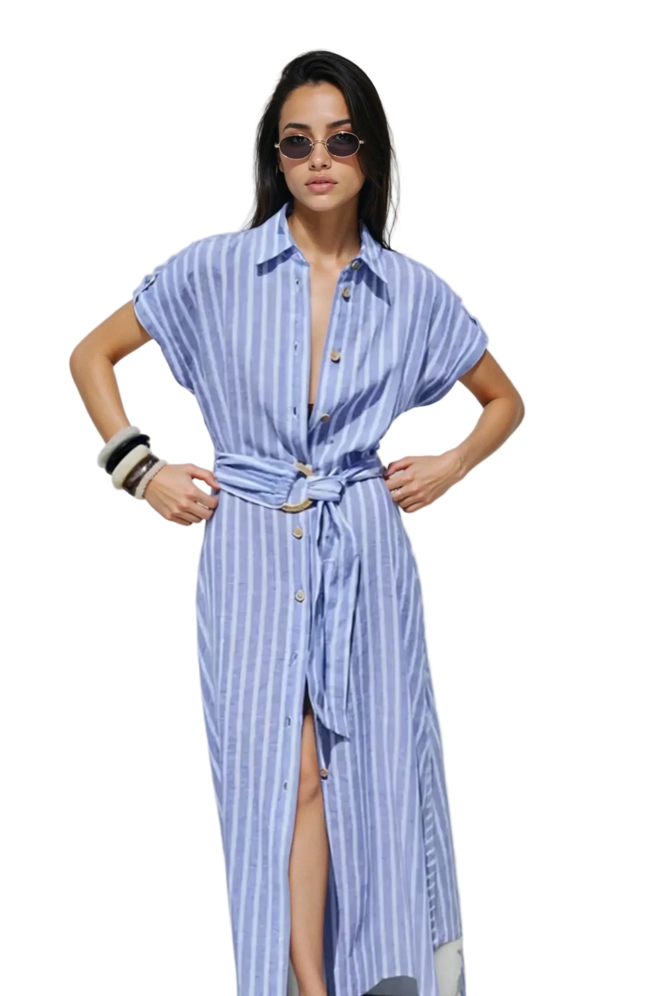 Damen Maxikleid Streifenmuster Kurzarm Knopfverschluss Bindeband
