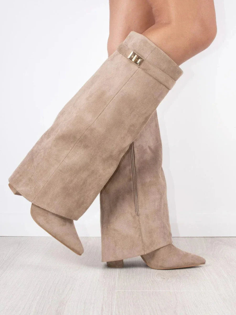 Damenstiefel Damen Veloursoptik mit goldfarbenen Akzenten