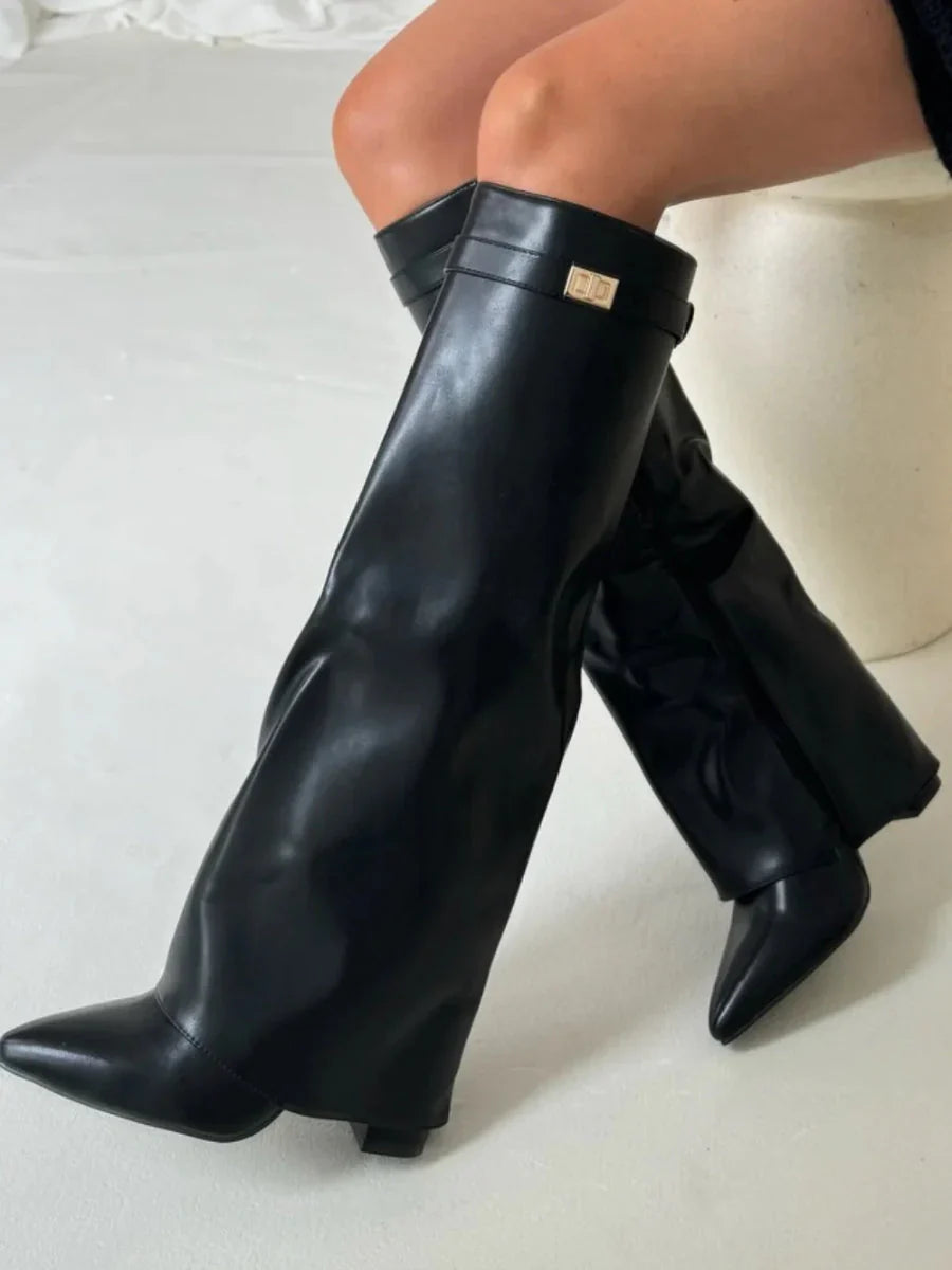 Damenstiefel Damen Veloursoptik mit goldfarbenen Akzenten