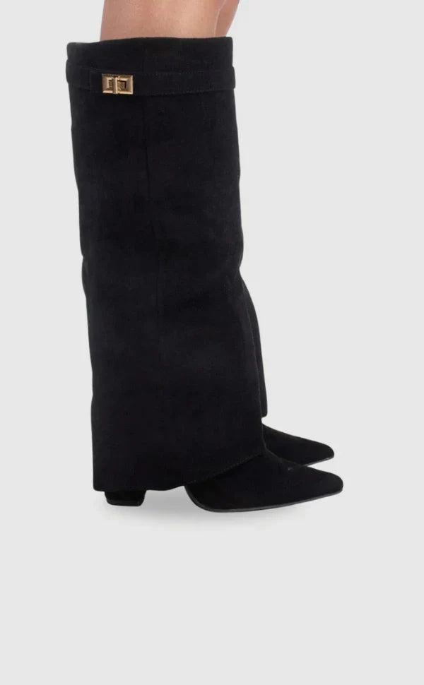 Damenstiefel Damen Veloursoptik mit goldfarbenen Akzenten