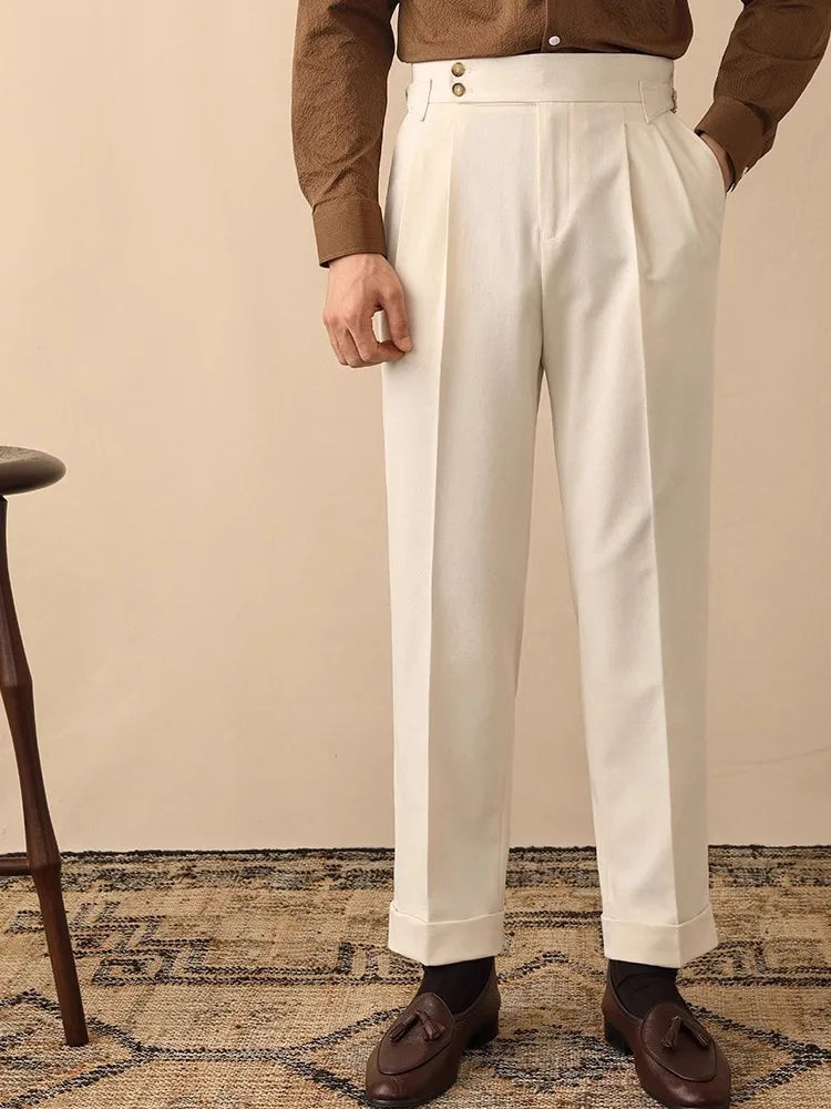 Hose Herren Hohe Taille Falten Schmaler Beinverlauf