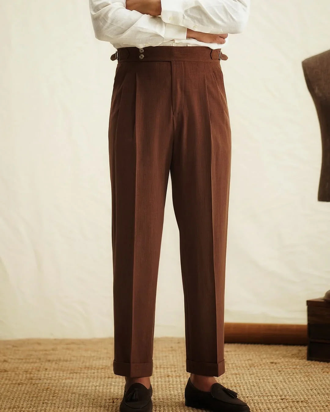 Hose Herren Hohe Taille Falten Schmaler Beinverlauf