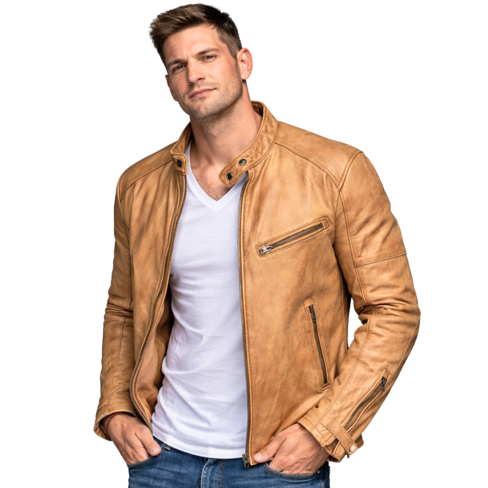 Herren Motorradjacke Schmal Geschnitten Mit Druckknopfkragen
