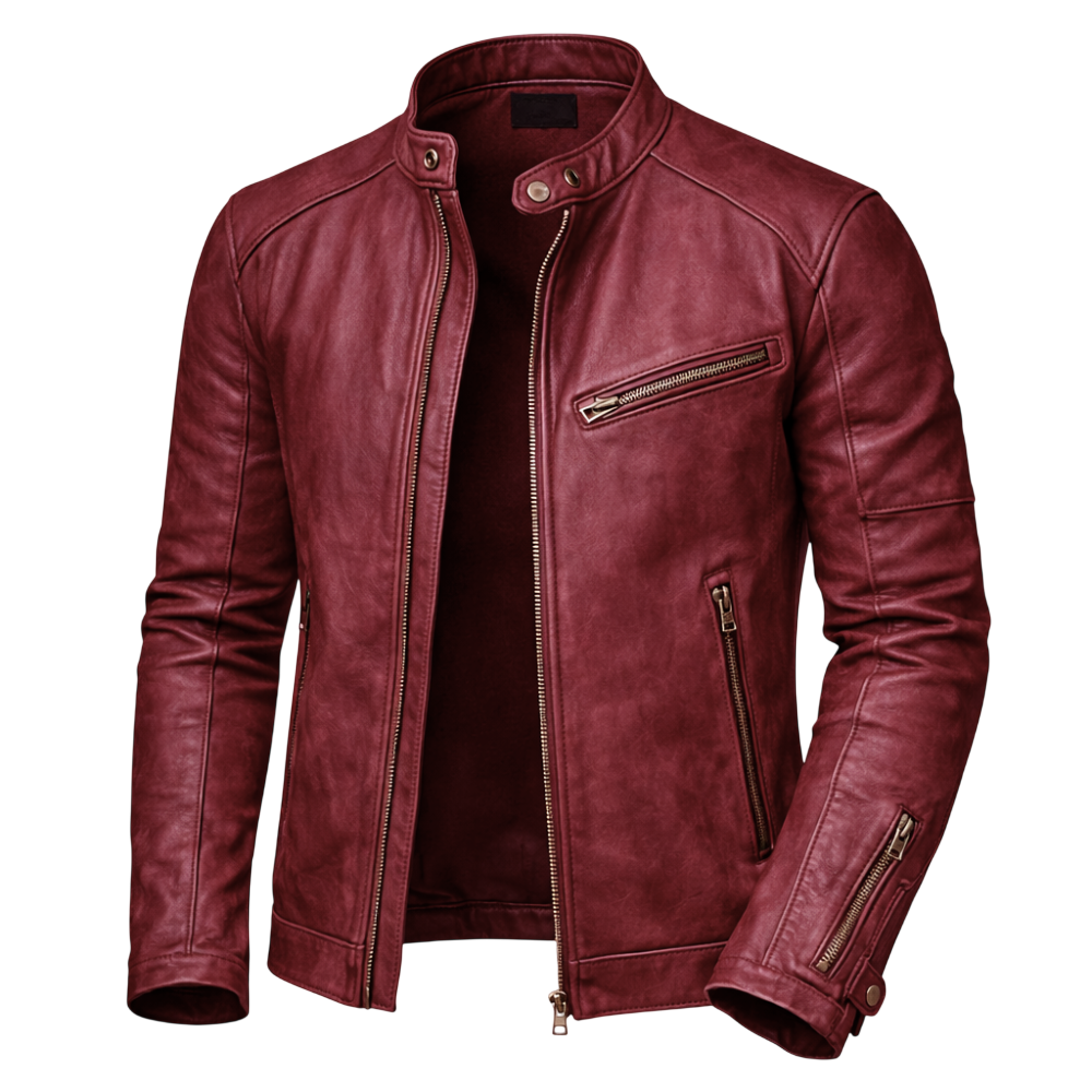 Herren Motorradjacke Schmal Geschnitten Mit Druckknopfkragen