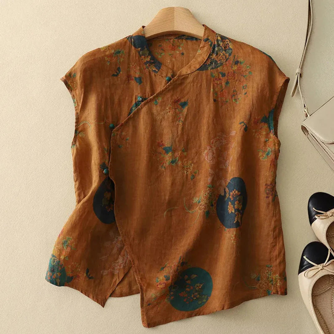 Damen Bluse Ärmellos Mandarin Kragen Geknöpft Leinen