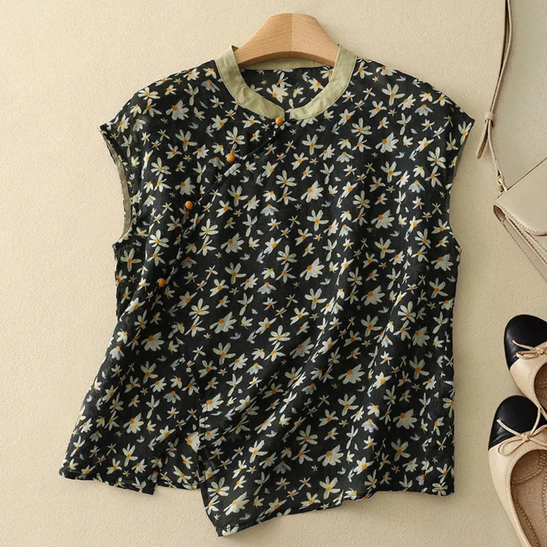 Damen Bluse Ärmellos Mandarin Kragen Geknöpft Leinen