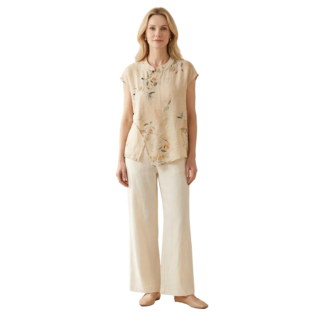 Damen Bluse Ärmellos Mandarin Kragen Geknöpft Leinen