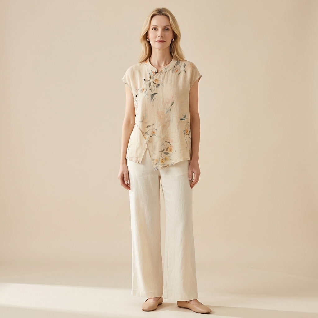 Damen Bluse Ärmellos Mandarin Kragen Geknöpft Leinen
