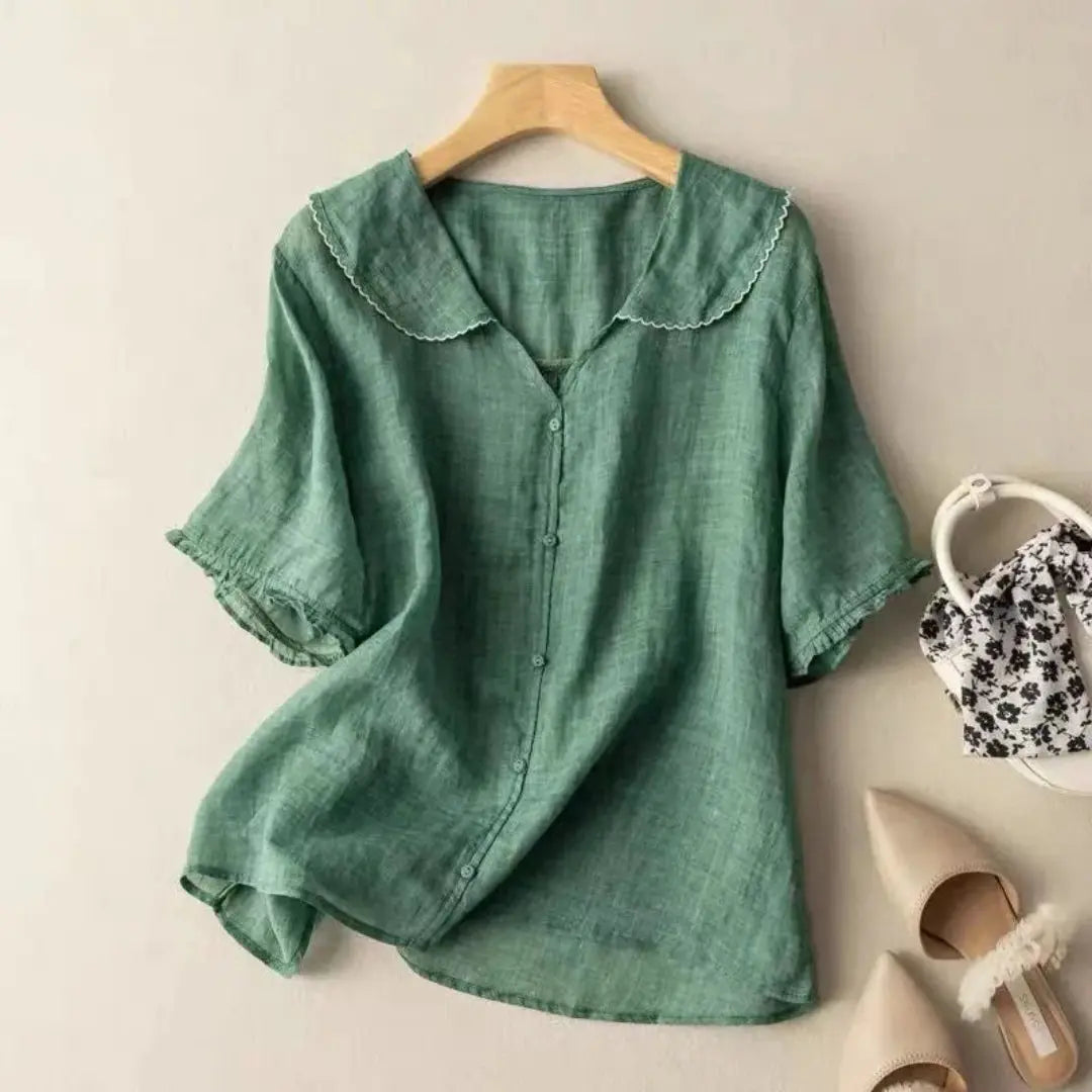 Damen Bluse Lockerer V-Ausschnitt Muschelsaum Leinen