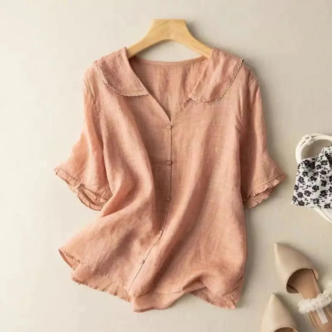 Damen Bluse Lockerer V-Ausschnitt Muschelsaum Leinen