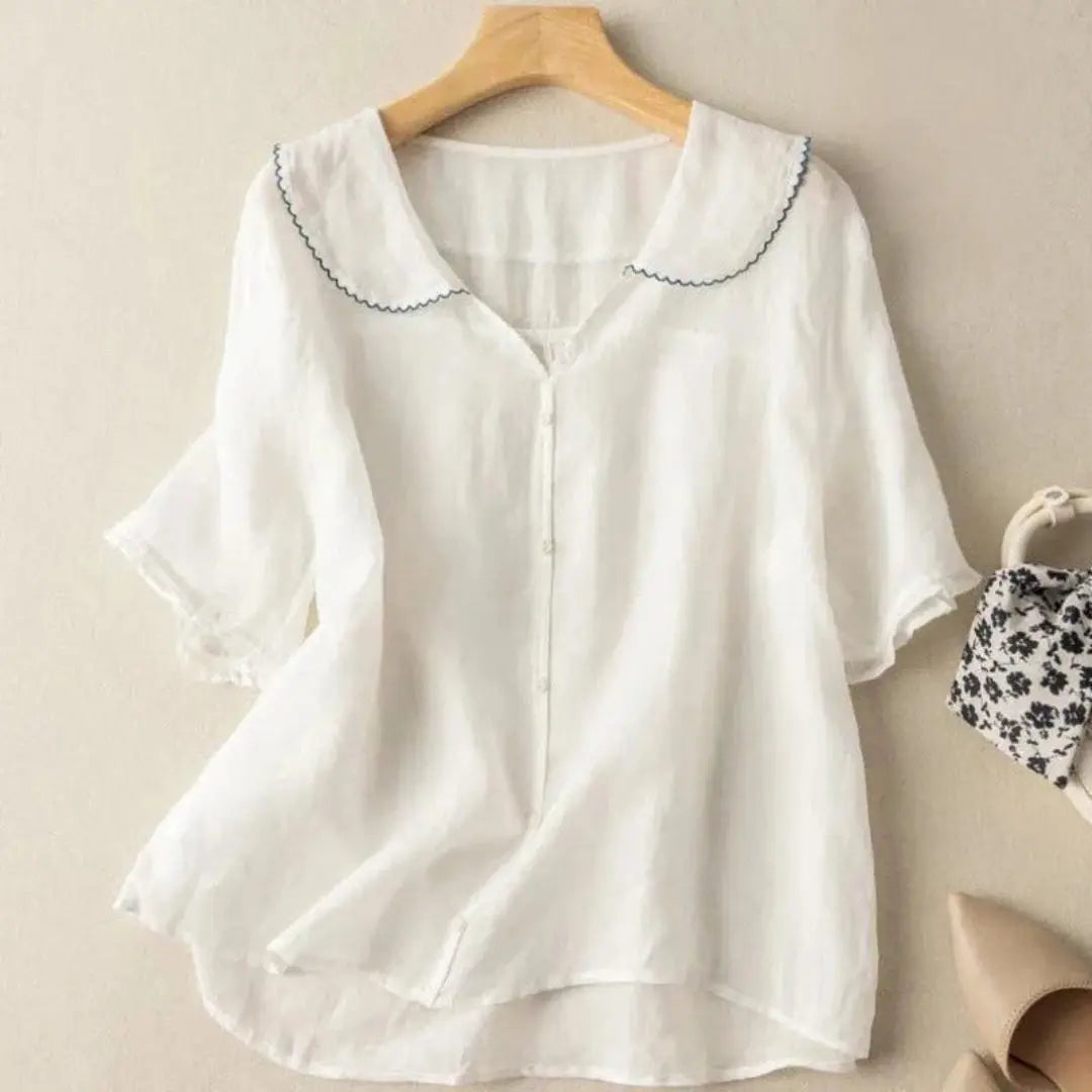 Damen Bluse Lockerer V-Ausschnitt Muschelsaum Leinen