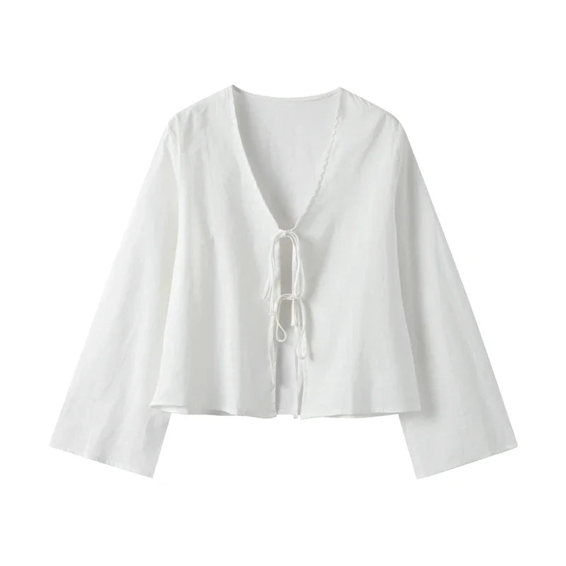 Leinen Crop Top Damen Frontbindung Verkuerzte Laenge