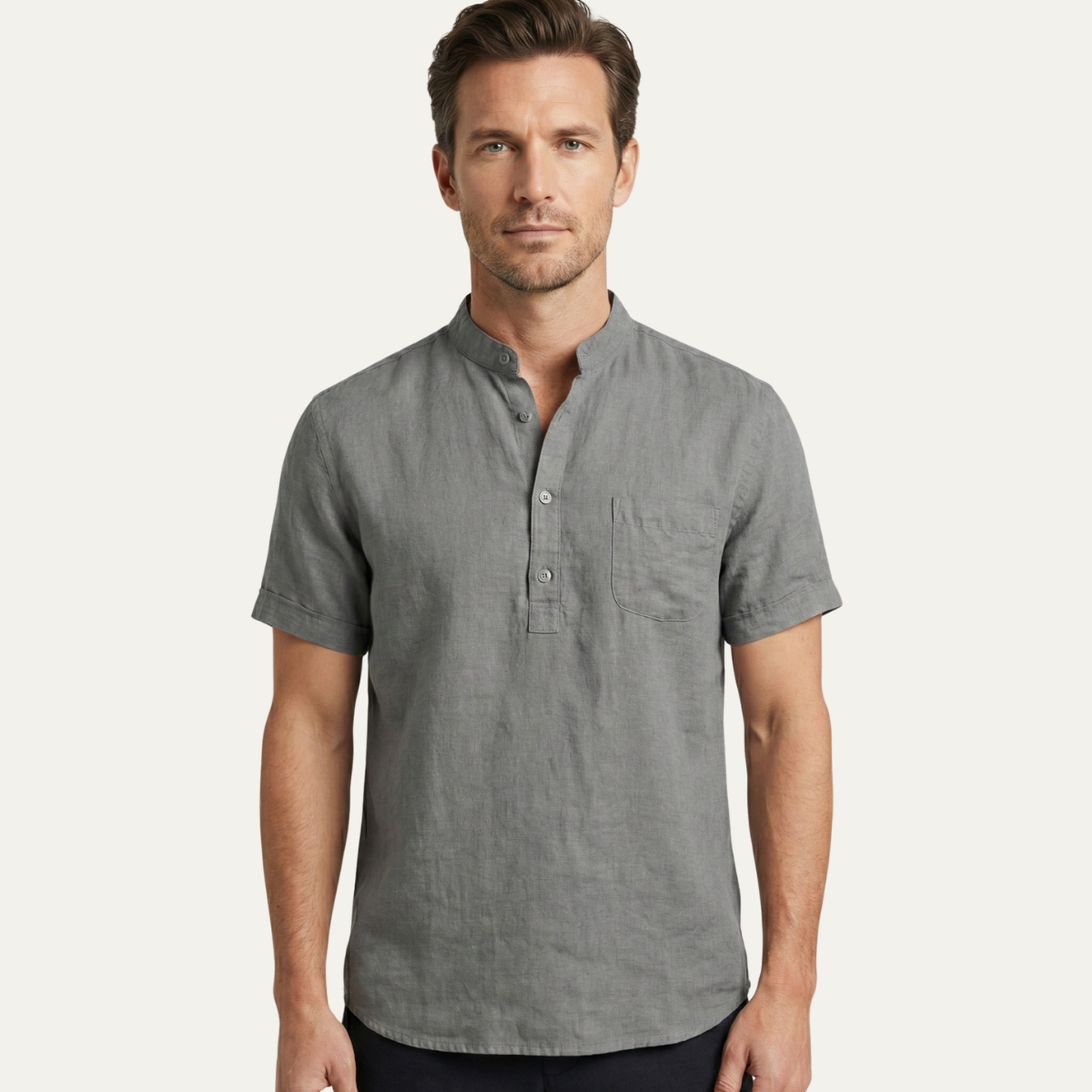 Leinen Henley Shirt Herren Kurzarm Lockere Passform Knopfleiste