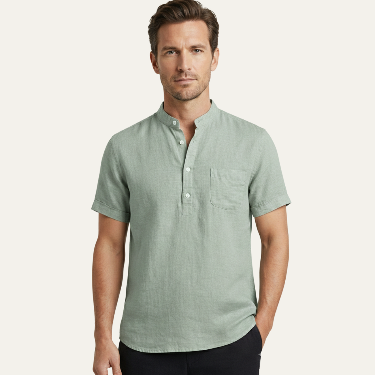 Leinen Henley Shirt Herren Kurzarm Lockere Passform Knopfleiste