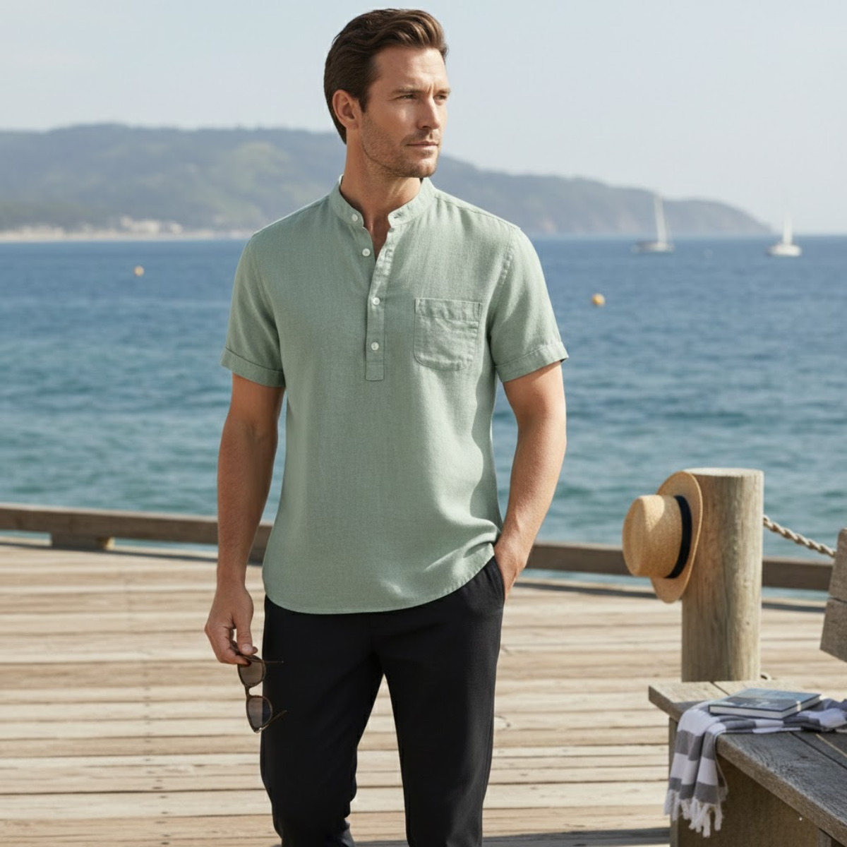 Leinen Henley Shirt Herren Kurzarm Lockere Passform Knopfleiste