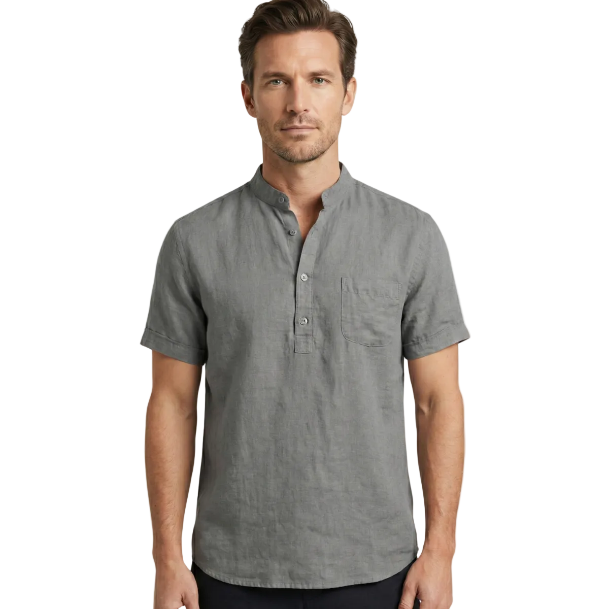 Leinen Henley Shirt Herren Kurzarm Lockere Passform Knopfleiste