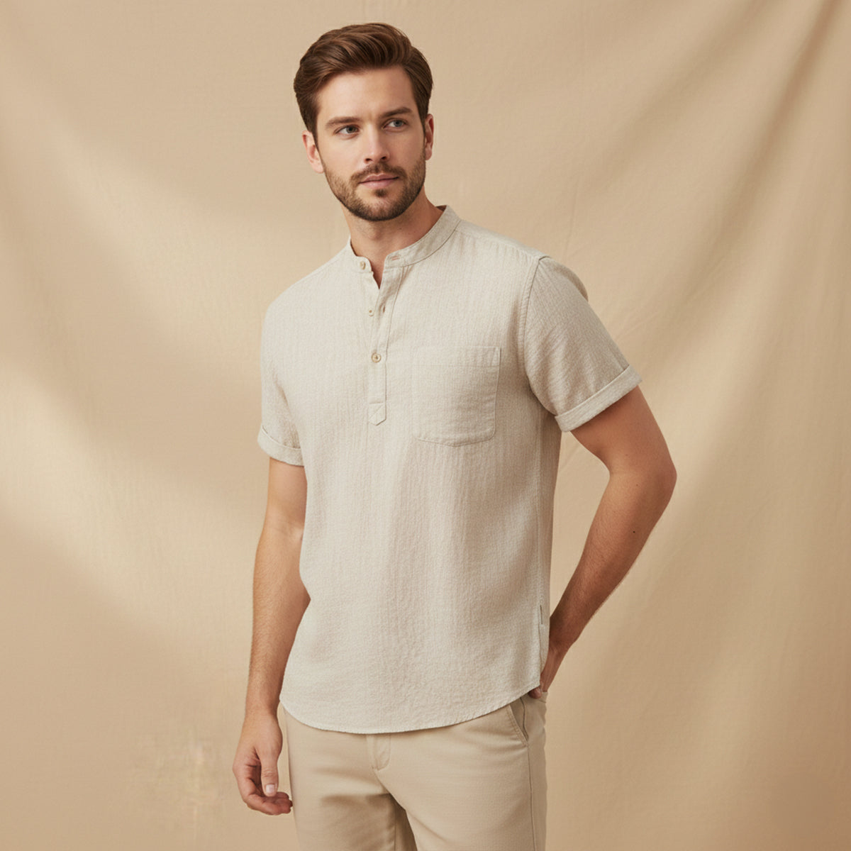 Herren Hemd Baumwolle Lockere Passform Kurzarm Henley