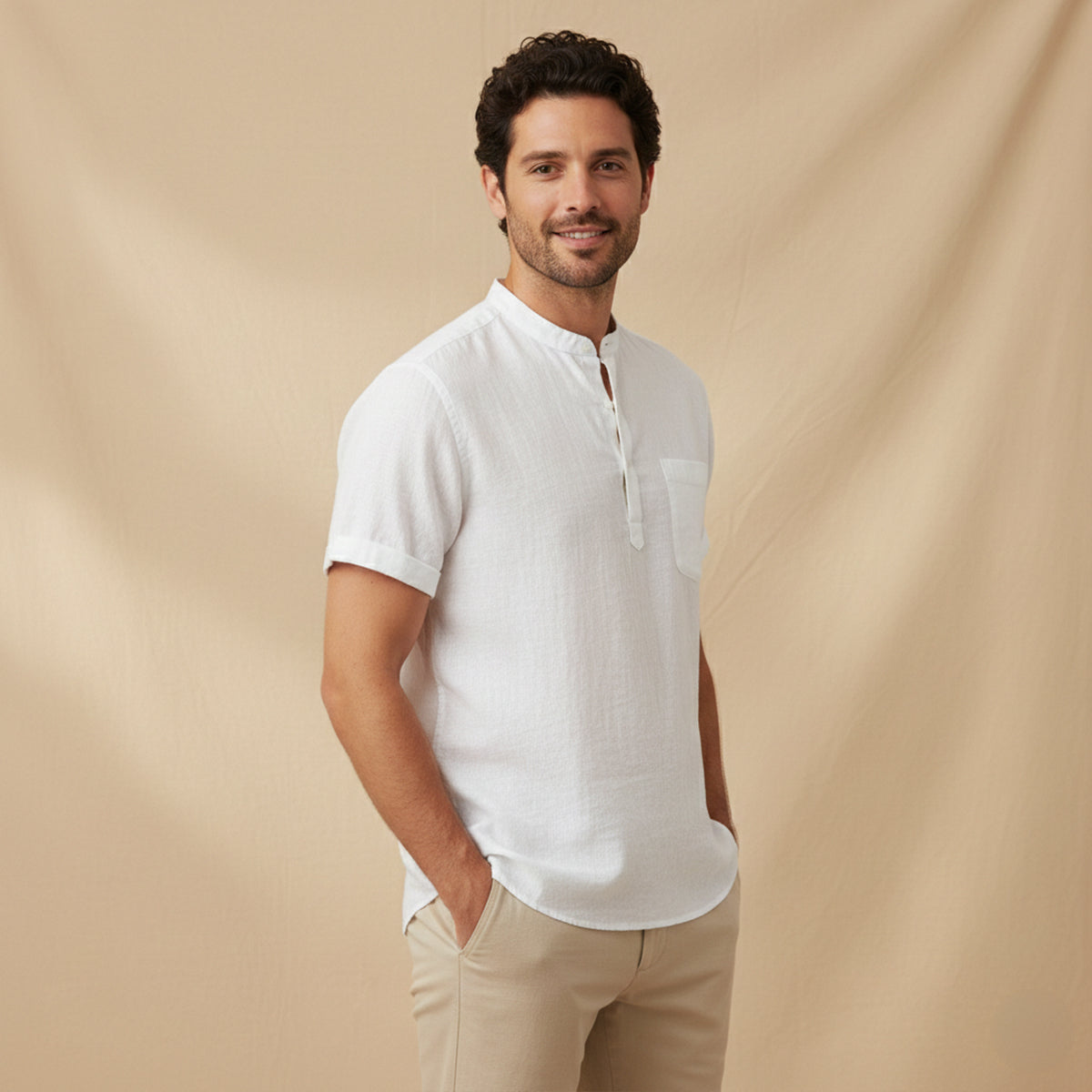 Herren Hemd Baumwolle Lockere Passform Kurzarm Henley