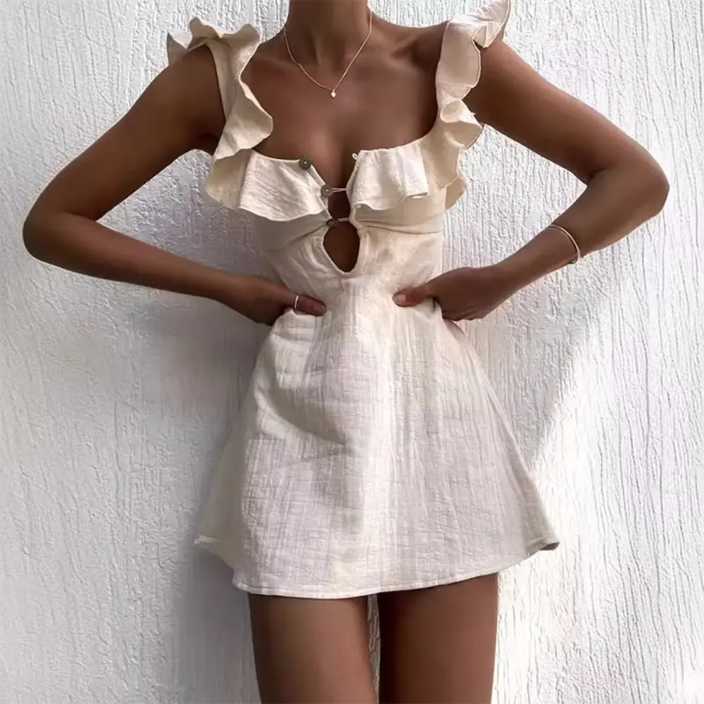 Leinen Minikleid Damen V-Ausschnitt Spaghettitraeger Rueschen