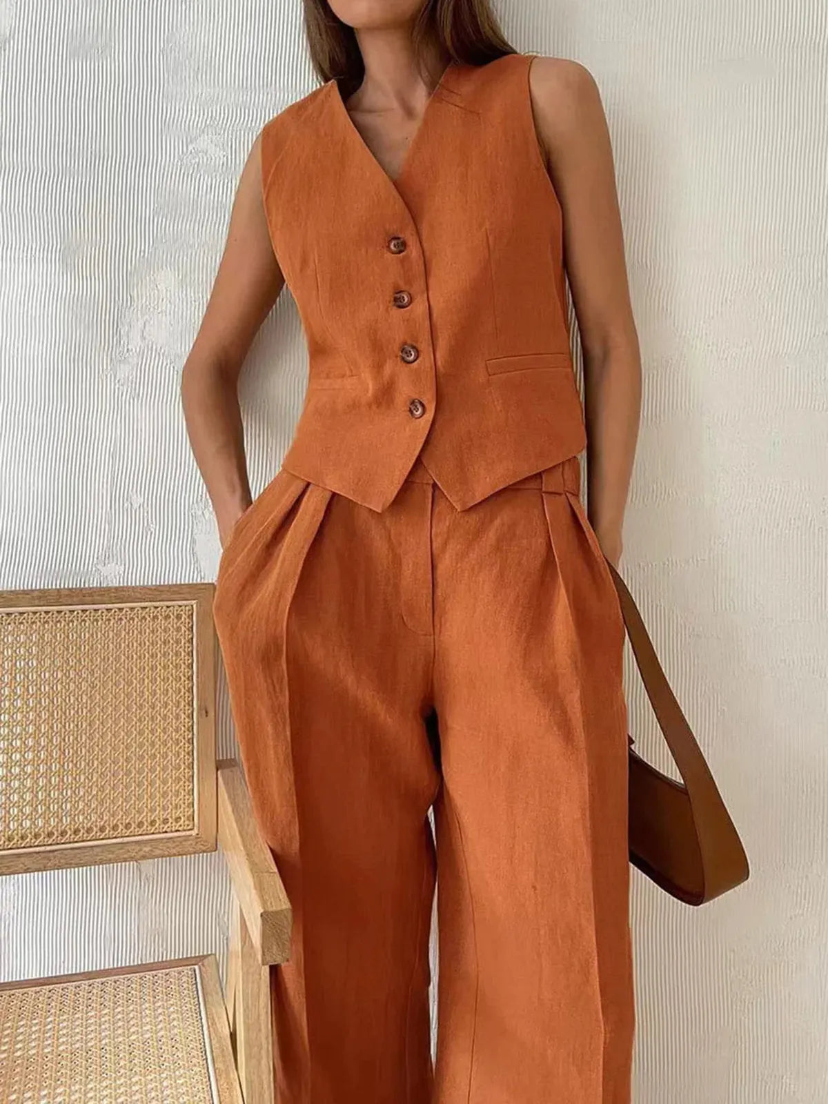 Leinen Set Damen Weste Knopfleiste Weite Hose Baumwoll Leinen
