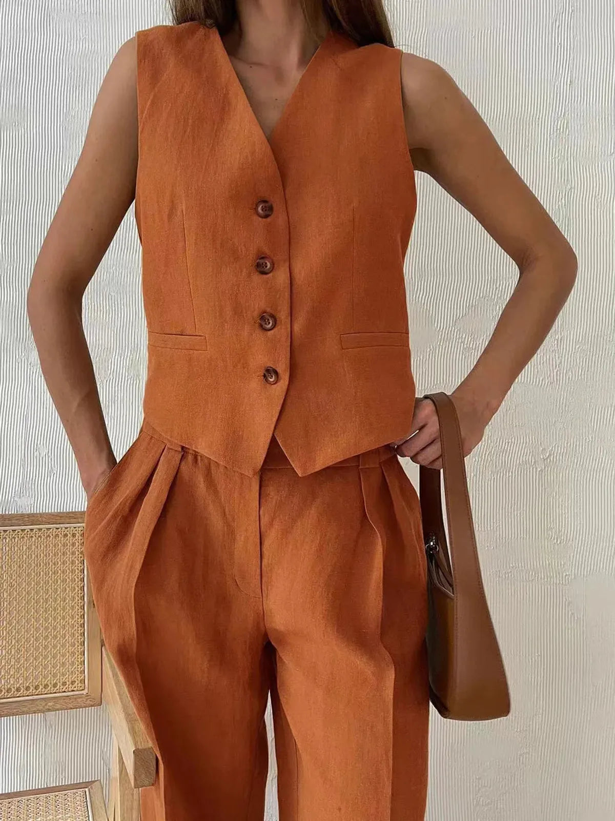 Leinen Set Damen Weste Knopfleiste Weite Hose Baumwoll Leinen