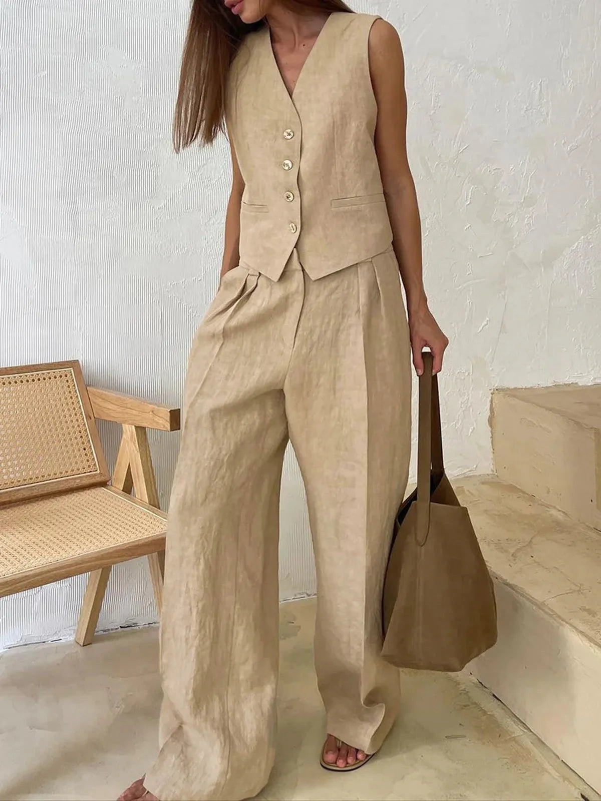 Leinen Set Damen Weste Knopfleiste Weite Hose Baumwoll Leinen