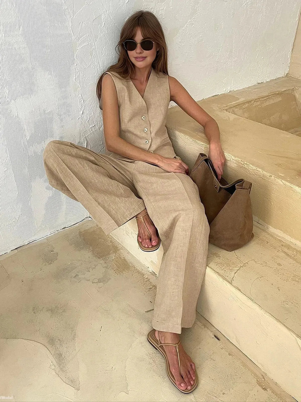 Leinen Set Damen Weste Knopfleiste Weite Hose Baumwoll Leinen