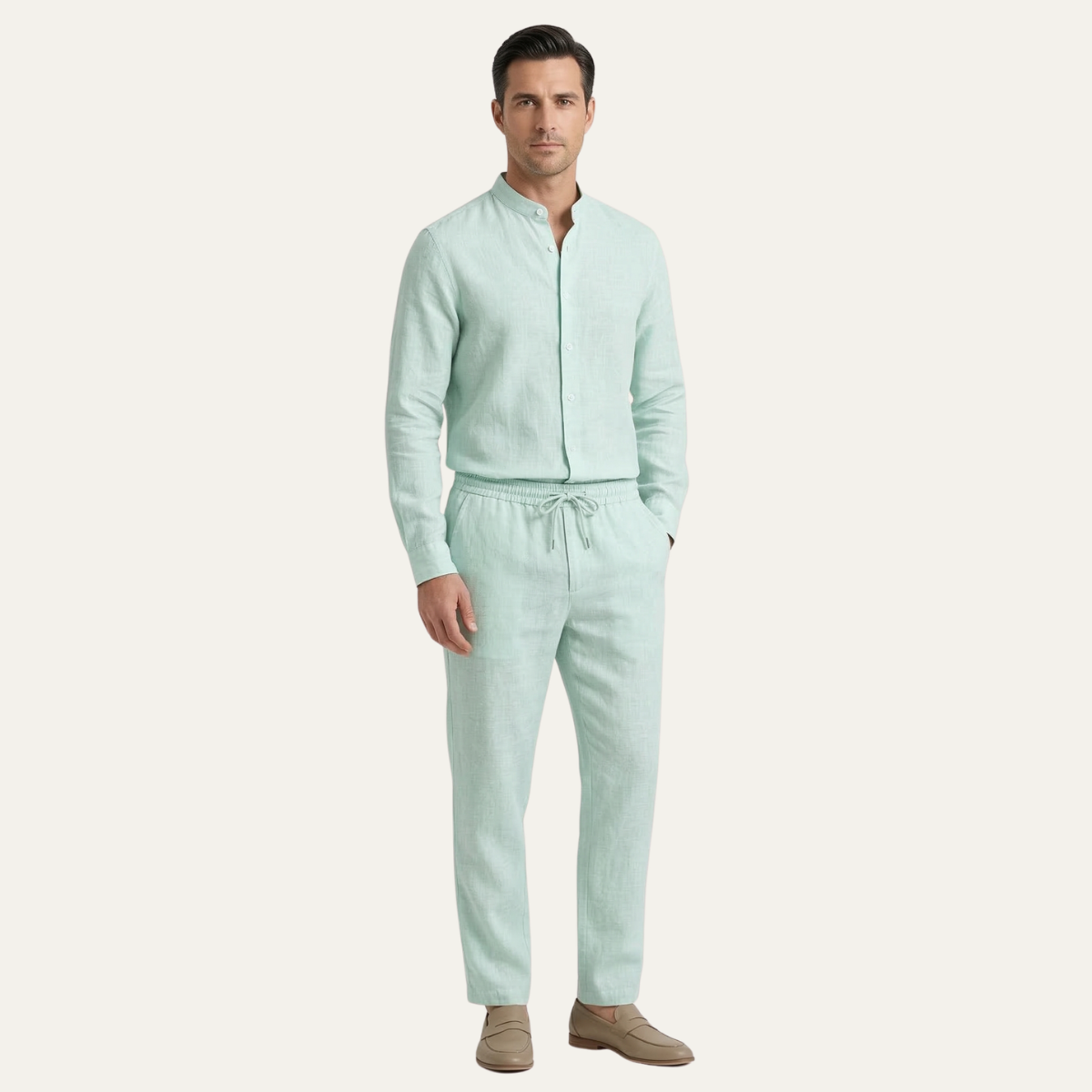 Herren Set Baumwolle Leinen Lockere Passform Hemd Hose