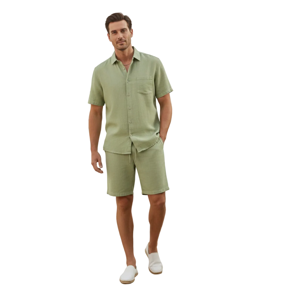 Leinen Set Herren Hemd Shorts Leinenmischung Kurzarm Knopfleiste