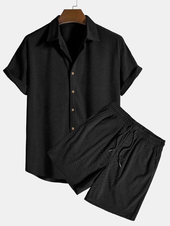 Set Herren Hemd Shorts Leinen Kurzarm Kordelzug