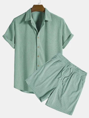 Set Herren Hemd Shorts Leinen Kurzarm Kordelzug