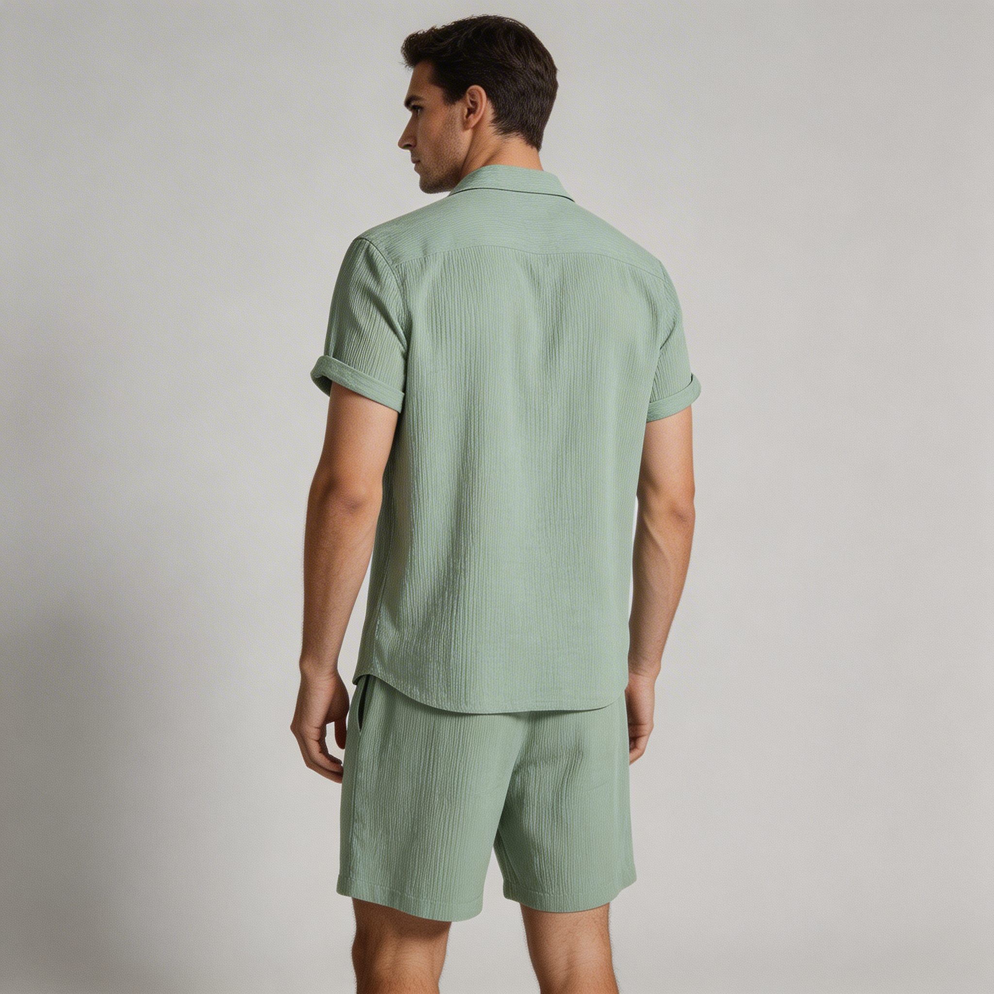 Leinen Set Herren Kurzarm Hemd Shorts Kordelzug Lockere Passform