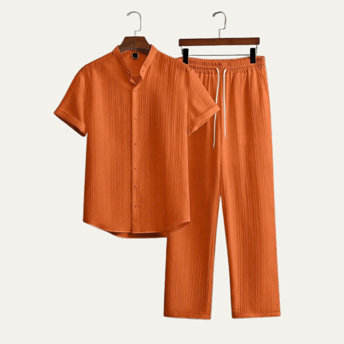 Herren Set Leinen Kurzarm Knopfleiste Elastischer Bund