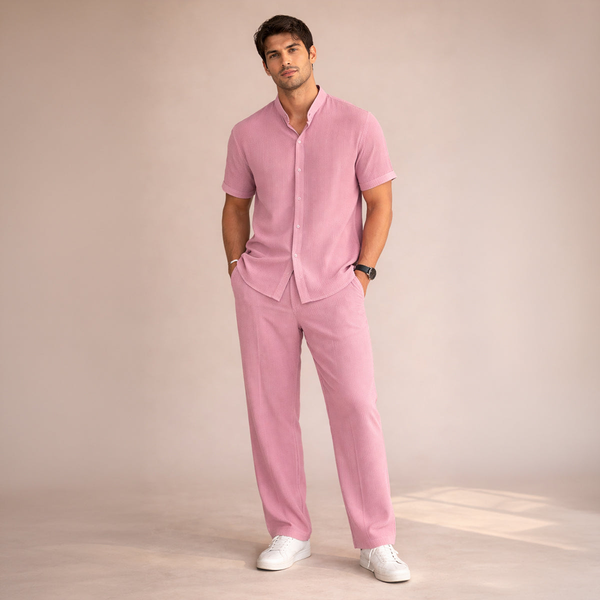 Herren Set Leinen Kurzarm Knopfleiste Elastischer Bund