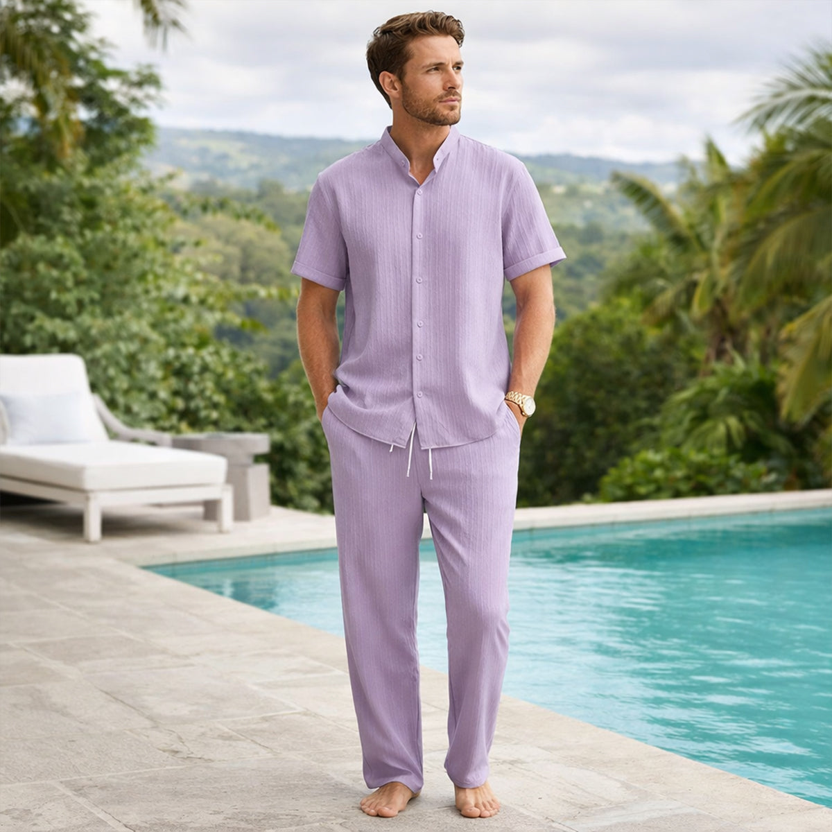 Herren Set Leinen Kurzarm Knopfleiste Elastischer Bund