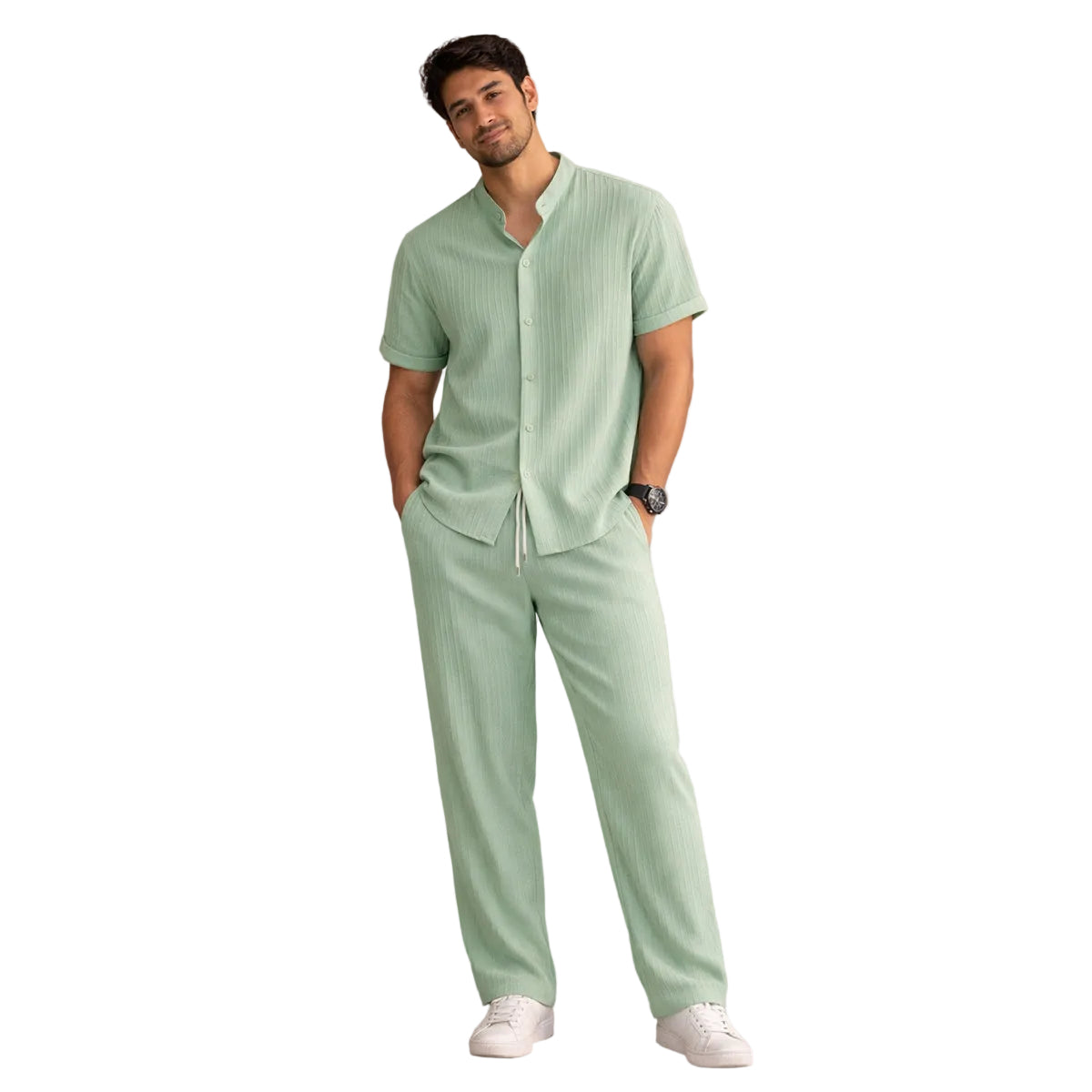 Herren Set Leinen Kurzarm Knopfleiste Elastischer Bund