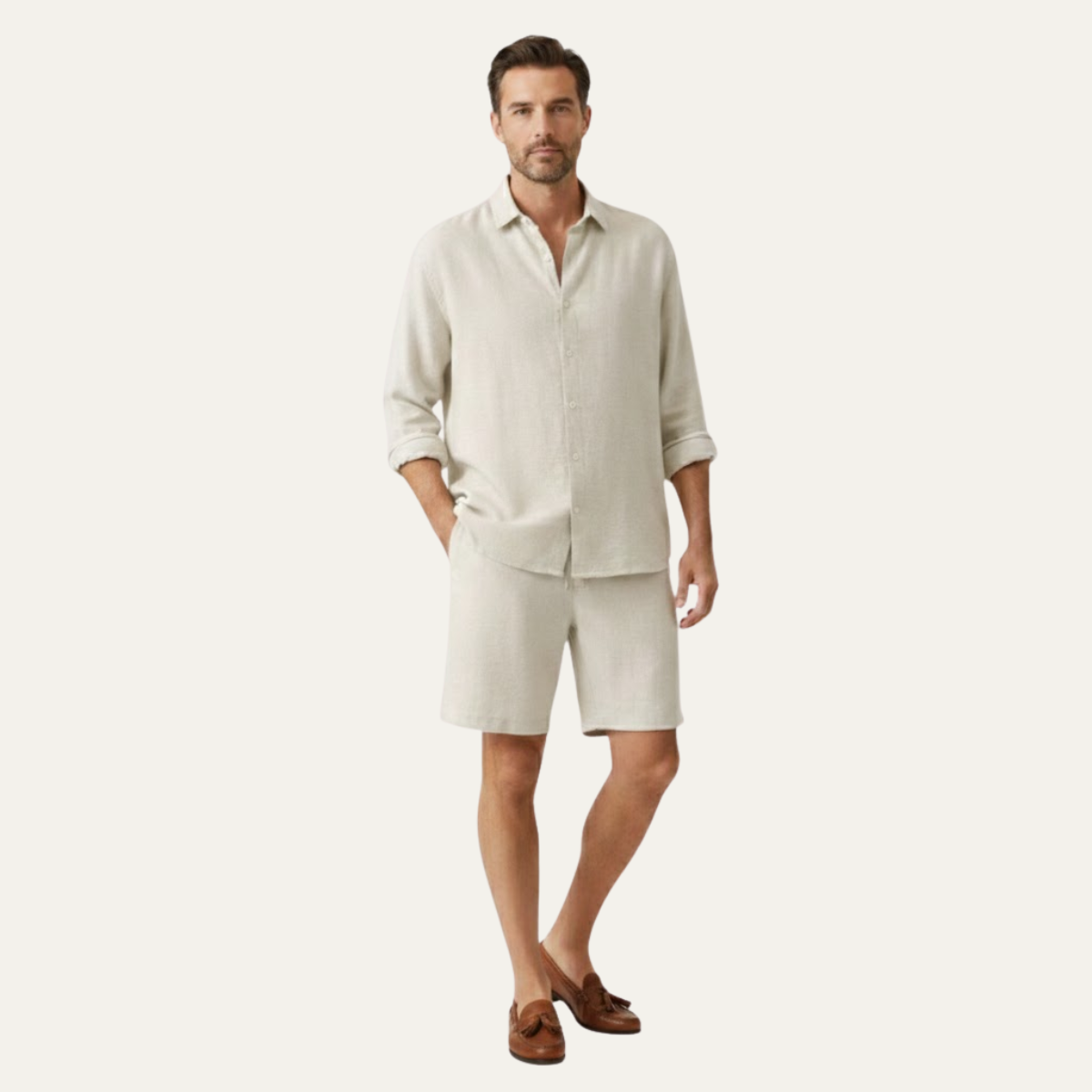 Leinen Set Herren Langarm Hemd Shorts Lockere Passform