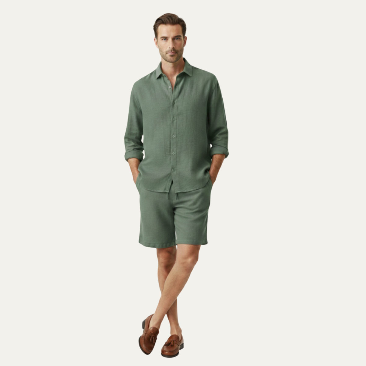 Leinen Set Herren Langarm Hemd Shorts Lockere Passform