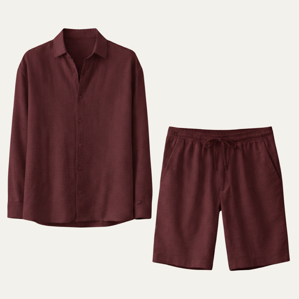 Leinen Set Herren Langarm Hemd Shorts Lockere Passform