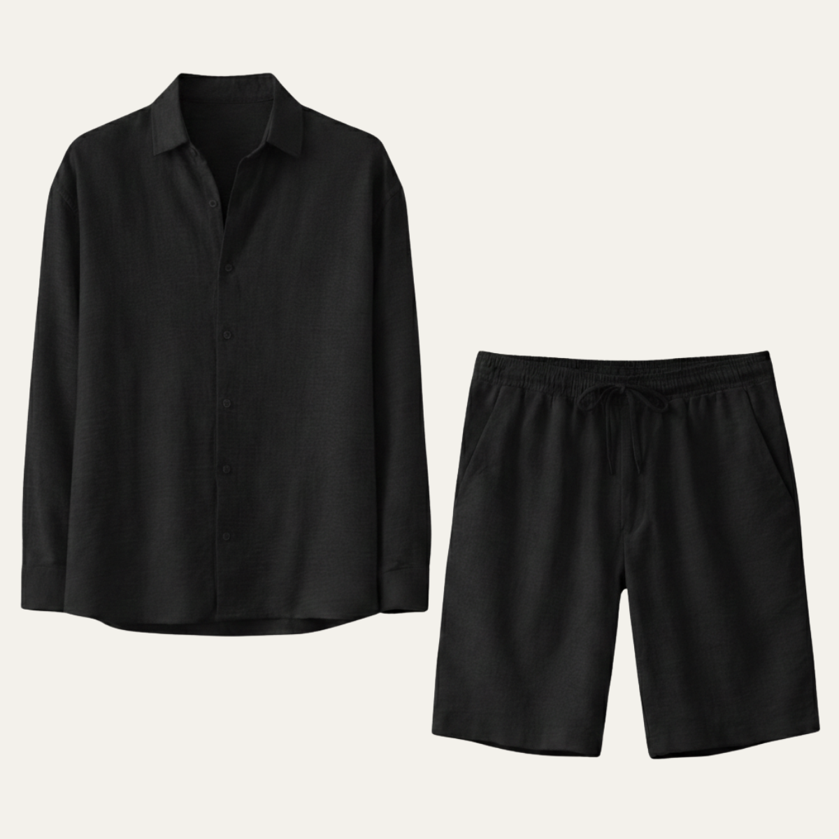 Leinen Set Herren Langarm Hemd Shorts Lockere Passform