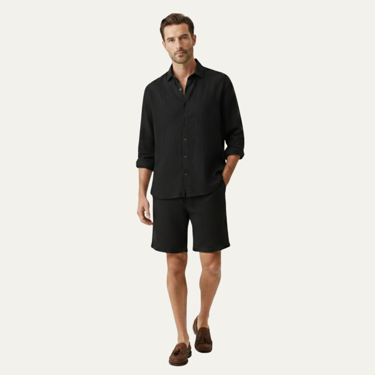 Leinen Set Herren Langarm Hemd Shorts Lockere Passform