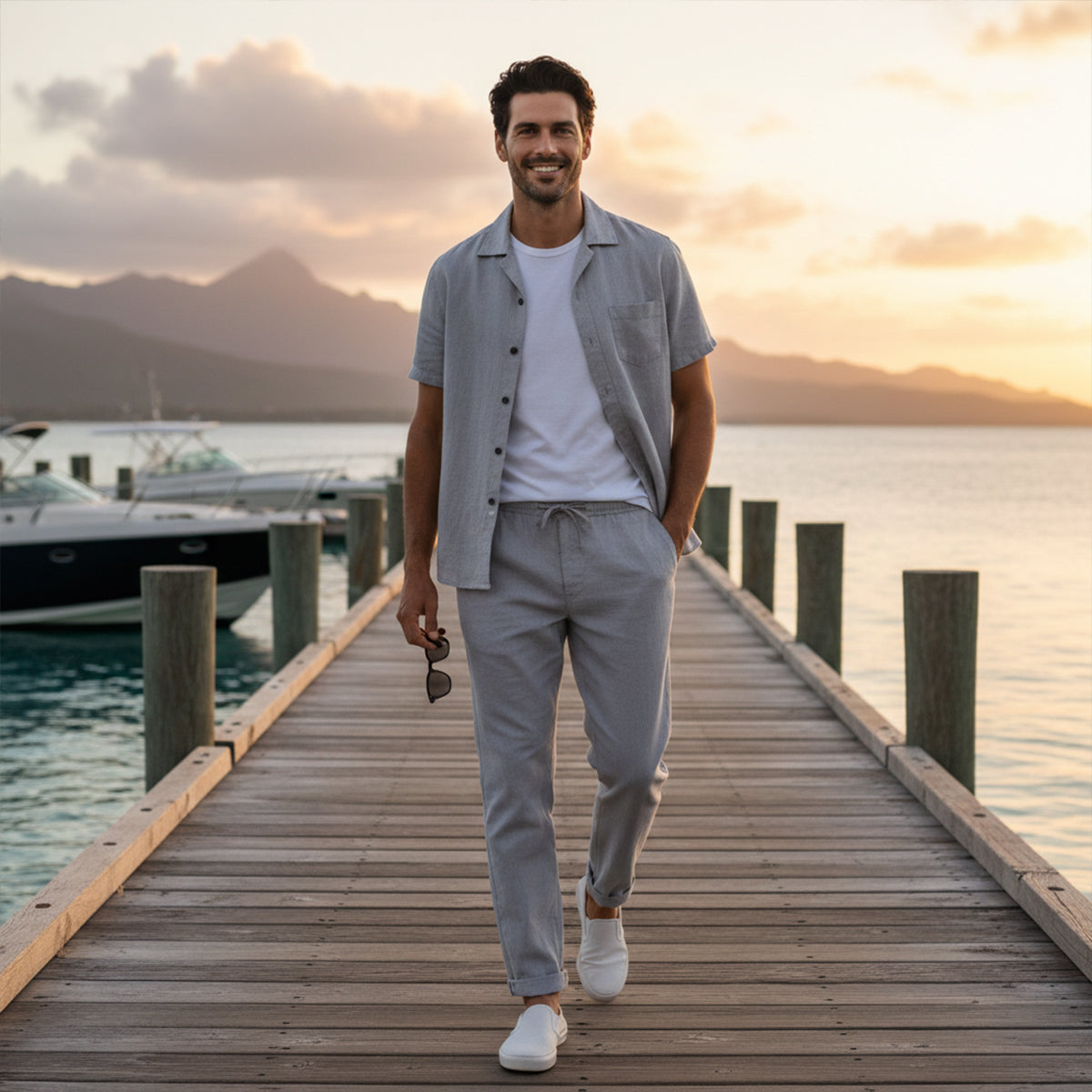 Herren Set Leinen Lockere Passform Hemd Hose Zweiteilig