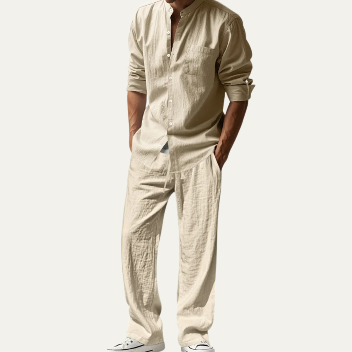 Herren Set Leinen Lockere Passform Langarm Knopfleiste